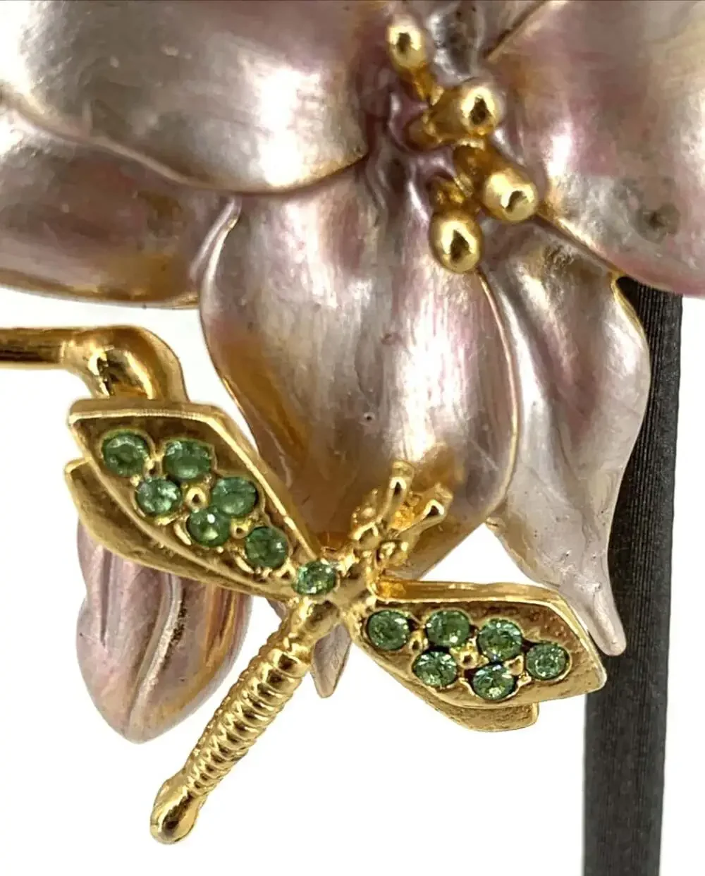 A.S. Brooch Enamel Flower Green Rhinestones Dragonfly 2